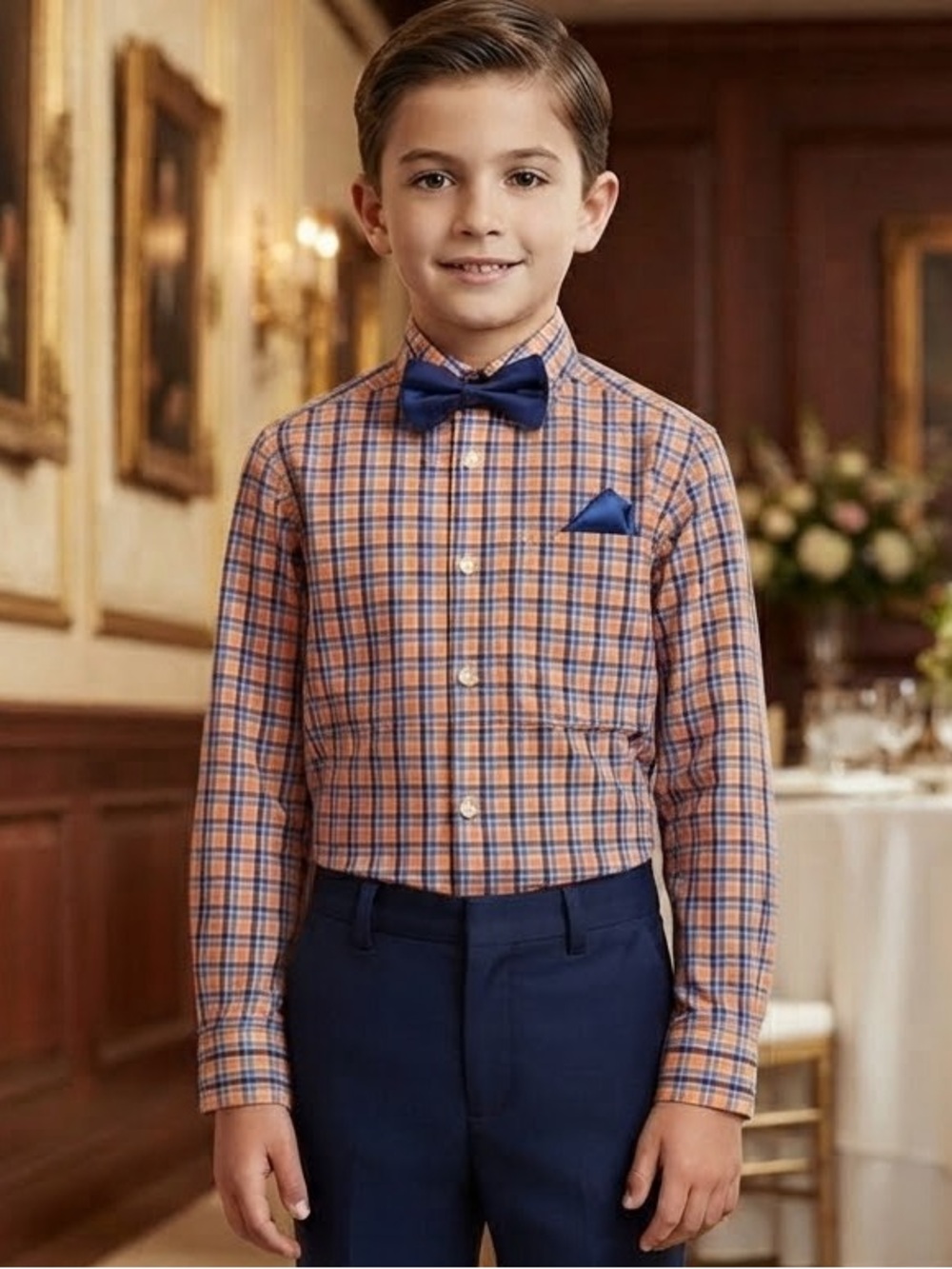 Chaps Stretch NEW Plaid Dress Shirt Light Coral Blue, Boys Size 8